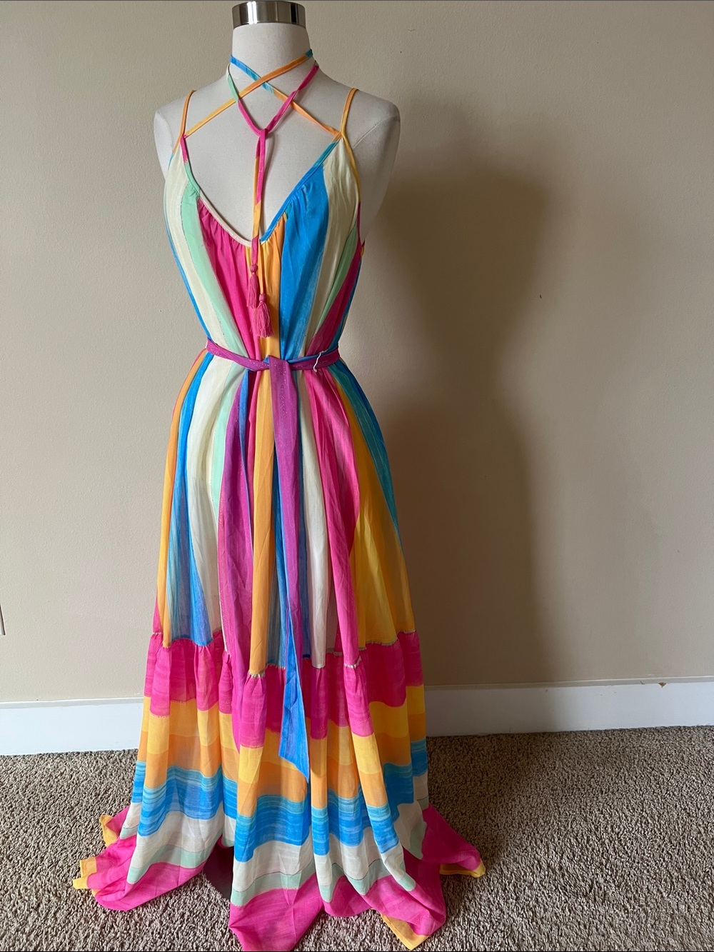 Flying Tomato Multi-Color Striped Maxi Dress with Halter Neck